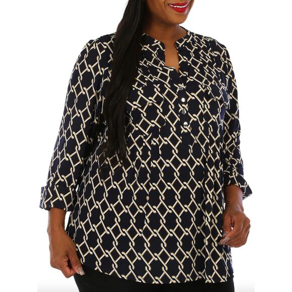 Cocomo Split Neck Chain Link Print Popover Blouse Size 2X 3/4 Roll Tab Sleeve - Picture 1 of 12